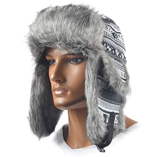 Janey&Rubbins Russian Hat Fur Soviet Ushanka Cossack Winter Cap Earflap Snow Ski Headwear - color: Silver/Knitted, size: Medium
