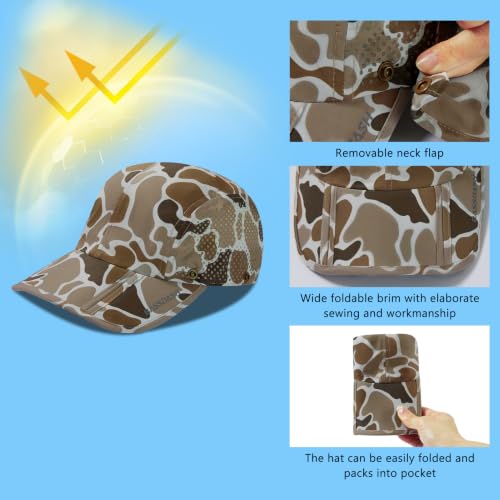 BASSDASH UPF 50+ Fishing Hat, Baseball Cap with Removable Neck Flap - color: Camel Brown Block Camo With Foldable Brim