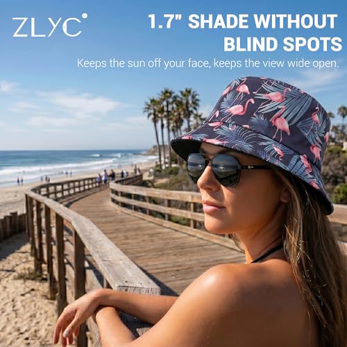 ZLYC Printed Bucket Hat for Women Men Packable Summer Sun Hat for Beach - color: Flamingo Navy