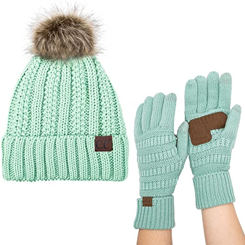 C.C Pom Cable Knit Beanie and Glove Set - color: Mint