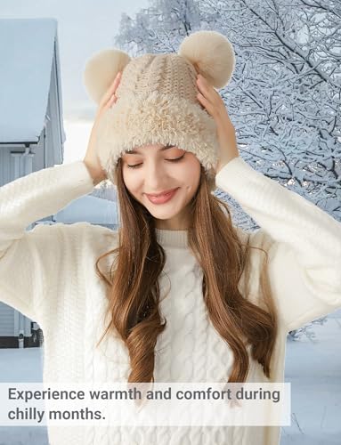 FEOYA Womens Knit Winter Beanie Hat with Faux Fur Pompom Fuzzy Cute Knit Fleece Lined Skull Cap - color: Off-white