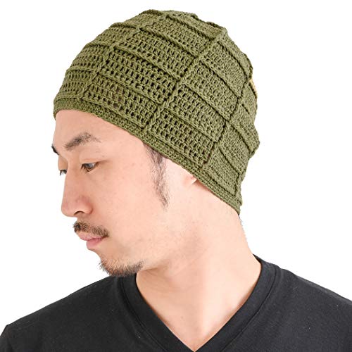 CHARM Mens Summer Beanie Cotton - Womens Crochet Slouch Cap Hand Made Chemo Hat - color: Khaki
