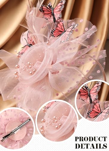 Zinniday Butterfly Derby Hat 2025 - Classic Tea Party Hats with Hair Clip, 1920s 50s Fascinators for Lady Woman - color: Pink