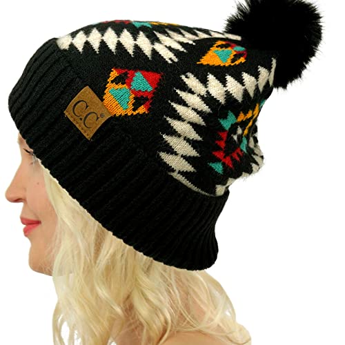 C.C Fur Pom Winter Fall Trendy Chunky Stretchy Cable Knit Beanie Hat - color: Aztec Black