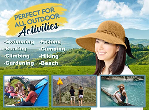 Straw Sun Visor for Women, Wide Brim UPF 50+ Protection Beach Hat, Adjustable, Roll Up Foldable Ponytail Cap with Chin Strap - color: A Mustard