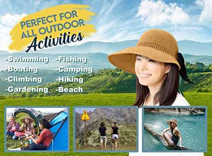 Straw Sun Visor for Women, Wide Brim UPF 50+ Protection Beach Hat, Adjustable, Roll Up Foldable Ponytail Cap with Chin Strap - color: A Mustard