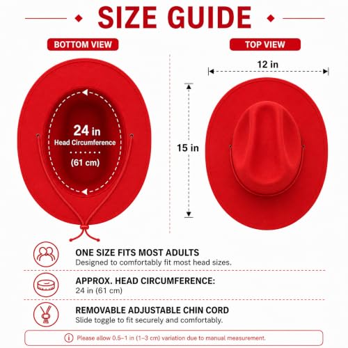 COLLECT PRESENT Plain Felt Cowboy & Cowgirl Hat for Men and Women | Western Studded Cowboy Hat in Adult Sizes - color: Red