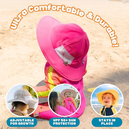 SwimZip UPF 50 Kids' Wide Brim Sun Hat, Sun Protection Hat - Baby & Toddler - color: Neon Shocking Pink, size: 8-14 Years