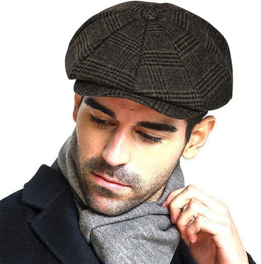 Wool Tweed Newsboy Cap for Men Paperboy Warm Winter Hat Vintage Flat Ivy Cabbie Gatsby Cap - color: Coffee Plaid, size: X-Large-XX-Large
