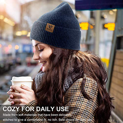 Vgogfly Beanie Men Slouchy Knit Skull Cap Warm Stocking Hats Guys Women Striped Winter Beanie Hat Cuffed Plain Hat - color: Navy