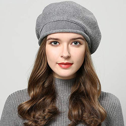French Style Beret Hat for Women Winter Fall Knit Artist Hats Classic Solid Color Beanie Hat - color: Light Grey