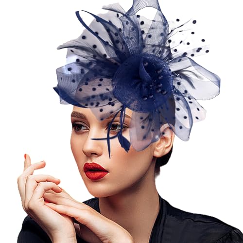 JUNBESTN Fascinators Hat Tea Party Headwear for Women Flower Mesh Feathers Headband - color: Navy Blue