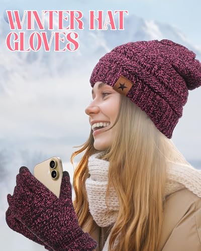 JaGely 8 Pieces Women Winter Hats and Gloves Set Women Warm Touchscreen Knitted Lined Gloves Winter Beanies - color: Navy Blue, Wine Red, Mixed Black White,mixed Khaki