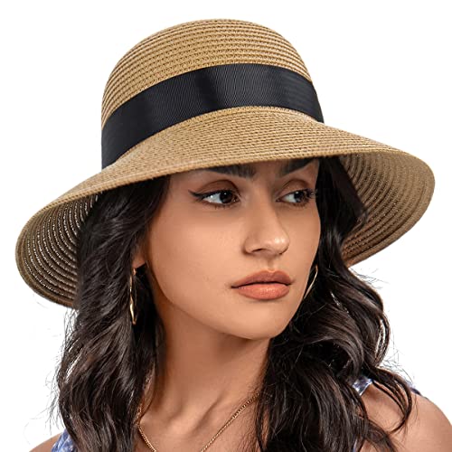 Sun Straw Hat for Women with Wind Lanyard Wide Brim Foldable Beach Summer Hats Womens UV 50+ Protection Bowknot Cap - color: Khaki