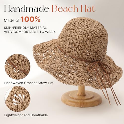 Beach Sun Hats for Women, Wide Brim Straw Hat, UPF 50+ UV Protection - color: Khaki-string
