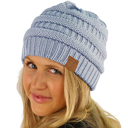 CC Classic Winter Fall Trendy Chunky Stretchy Cable Knit Beanie Hat - color: Solid Denim