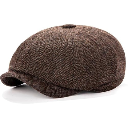 Men's Wool Newsboy Cap 8-Panel Tweed Taxi Hat Herringbone Gatsby Flat Hats - color: D-coffee