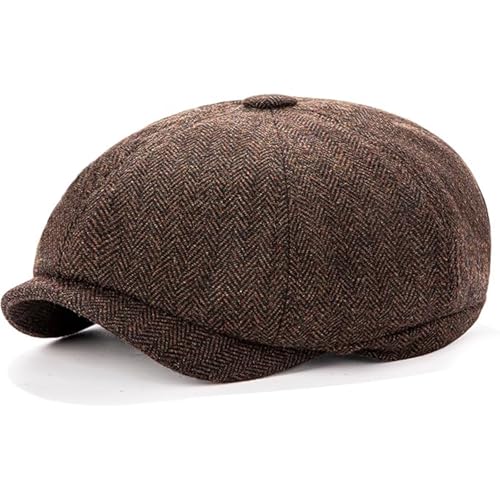 Men's Wool Newsboy Cap 8-Panel Tweed Taxi Hat Herringbone Gatsby Flat Hats - color: D-coffee