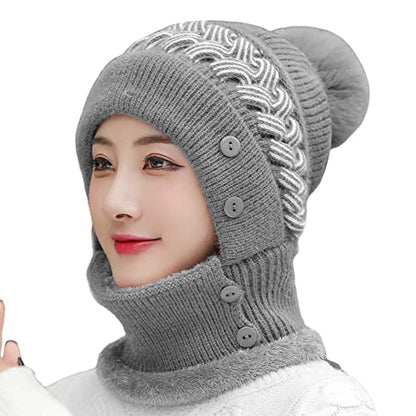 HUAMULAN Women Winter Knit Balaclava Fleece Lined Hooded Beanie Hats - color: Grey, size: One Size