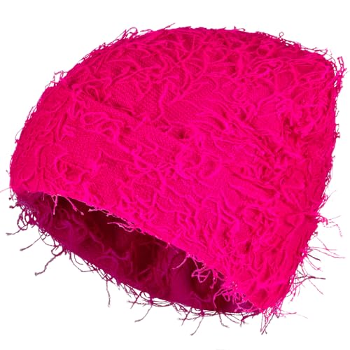 Chuarry Distressed Knitted Beanie Fuzzy Winter Hat - color: Rose Red