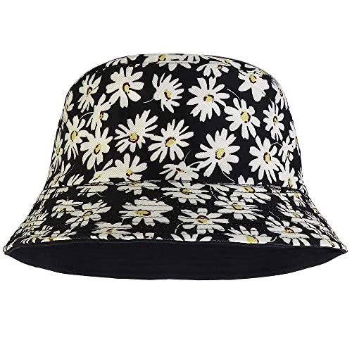 Falari Reversible Bucket Hat for Men Women Summer Travel Beach Outdoor Fishing Hat 100% Cotton - color: J617-black-flower