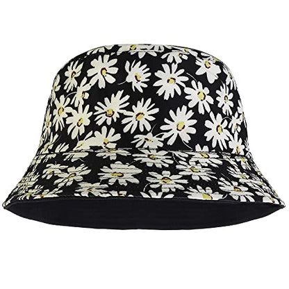 Falari Reversible Bucket Hat for Men Women Summer Travel Beach Outdoor Fishing Hat 100% Cotton - color: J617-black-flower