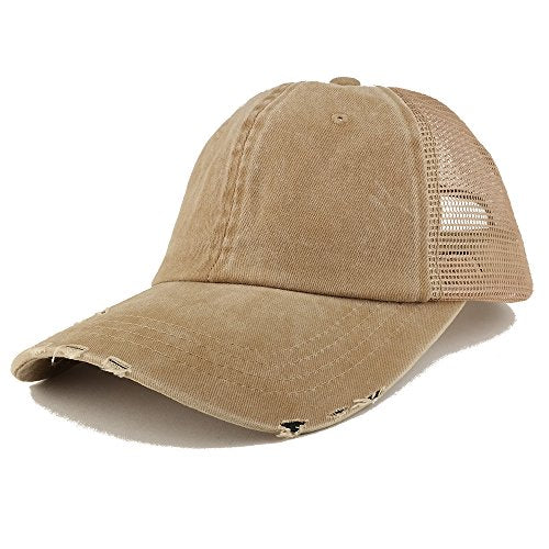 Trendy Apparel Shop Pigment Dyed Front Mesh Back Frayed Bill Trucker Cap - color: Khaki