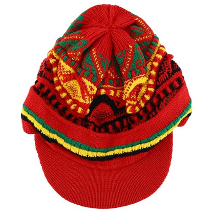 Armycrew Rasta Jamaica Style Thick Acrylic Knit Cuff Beanie Visor - color: Red Rgy