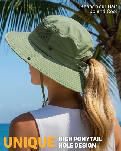 Women's Sun Hat Sun Protection Wide Brim Bucket with Ponytail Hole Summer - color: Green
