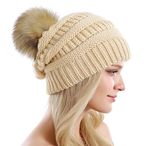 Women Knit Slouchy Beanie Chunky Baggy Hat with Faux Fur Pompom Winter Soft Warm Ski Cap - color: A1-beige 2