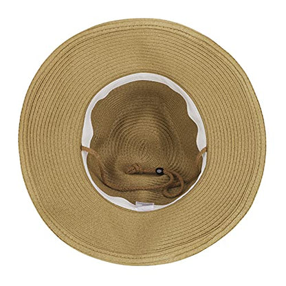 Men's Floppy Packable Straw Hat Beach Cap Newsboy Fedora Sun Hat, Big Brim, Adjustable Chin Strap - color: Khaki