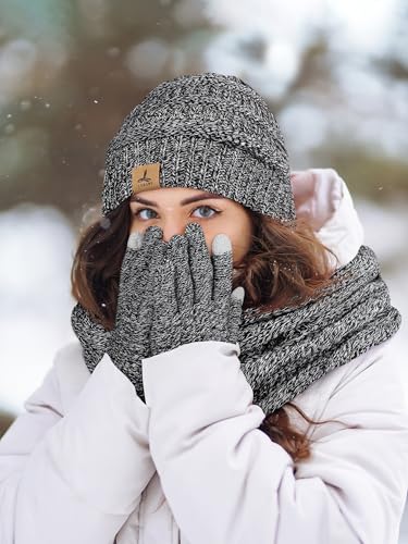 LOROME Winter Beanie Hat Scarf Gloves, Warm Fleece Knit Neck Scarf Set Gift - color: Black and White