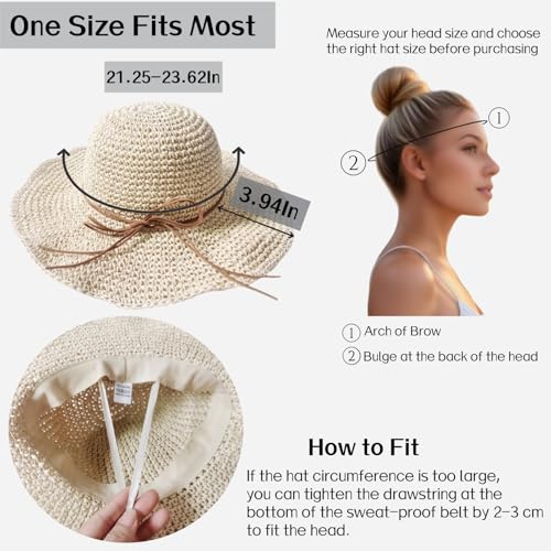 Womens Straw Beach Sun Hats, Foldable Packable Floppy Handmade Crochet Hats - color: Beige-c