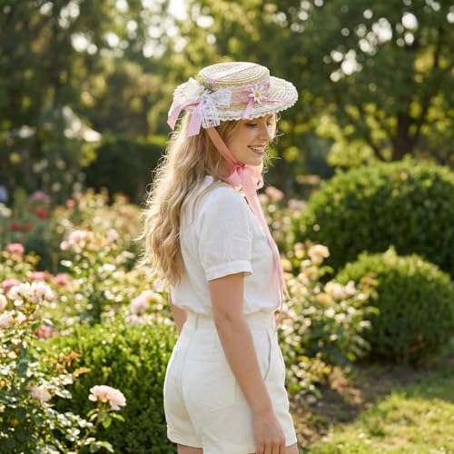Victorian Tea Party Sun Hat, Wide Brim Straw Flat Cap - color: Pink