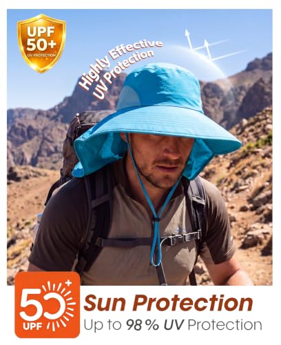 Home Prefer Outdoor UPF50+ Sun Hat Wide Brim Mesh Fishing Hat with Neck Flap - color: Aqua Blue