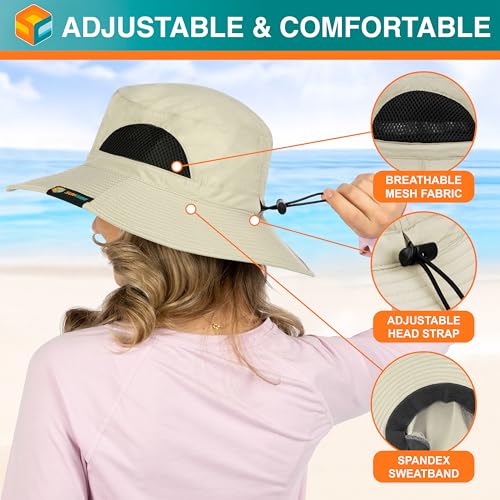 SUN CUBE Wide Brim Sun Hat for Men & Women, UPF 50+ UV Protection, Mesh Boonie Hat with Chin Strap, Fishing Hiking Hat - color: Beige