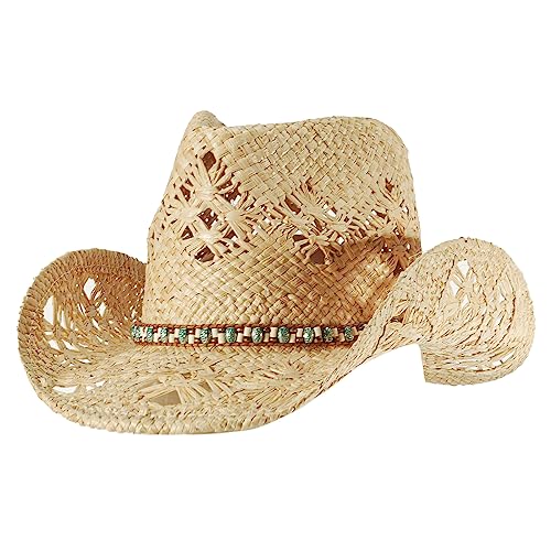 Straw Cowboy Cowgirl Hats for Women Men Summer Beach Hat Shapeable Brim - color: Natural - Indigo Beads