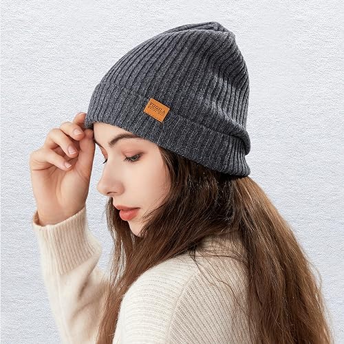 100% Merino Wool Cuff Beanie Hat, Unisex Warm Winter Caps Soft, Breathable & Cozy Stretchy Knitted Cuffed Cap - color: Grey