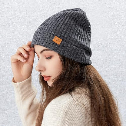 100% Merino Wool Cuff Beanie Hat, Unisex Warm Winter Caps Soft, Breathable & Cozy Stretchy Knitted Cuffed Cap - color: Grey