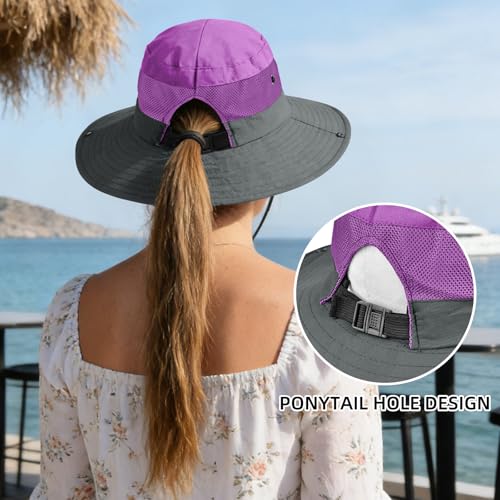 Rosoz Ponytail Sun Bucket Hats for Women UV Protection Foldable Wide Brim - color: 1-purple