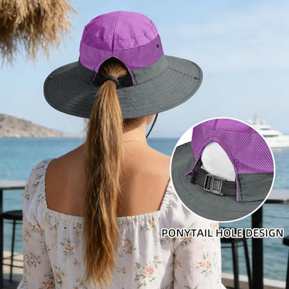 Rosoz Ponytail Sun Bucket Hats for Women UV Protection Foldable Wide Brim - color: 1-purple