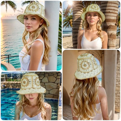 Floppy Big Beach Straw Hats for Women Foldable Summer Wide Brim Packable Sun Hat Womens Travel Straw Fedora Hat - color: Floral-2