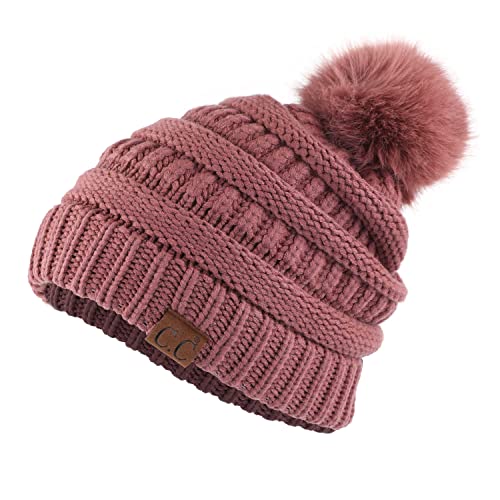 C.C Fur Pom Winter Fall Trendy Chunky Stretchy Cable Knit Beanie Hat - color: Snuggly Soft Dk. Rose