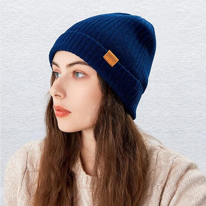 100% Merino Wool Cuff Beanie Hat, Unisex Warm Winter Caps Soft, Breathable & Cozy Stretchy Knitted Cuffed Cap - color: (Royal Blue