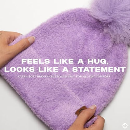 Funky Junque Beanie for Women Ultra Soft Chenille Faux Fur Pom Pom Winter Hats Warm Ski Cap Fashion - color: Lavender