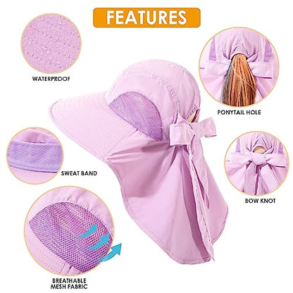 Womens Sun Hat UV Protection, Foldable Waterproof Wide Brim Bucket Hats with Neck Flap for Summer Beach Fishing Hiking - color: Purple