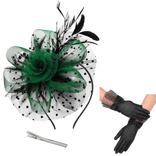 Womens Fascinators Hats and Gloves Set Short Lace Gloves Tea Party Flower Mesh Hair Clips - color: Black Green