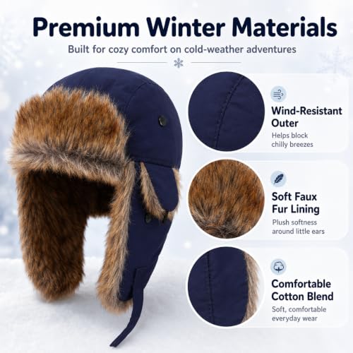 Baby Toddler Winter Trapper Hat Warm Faux Fur Aviator Hat Russian Ushanka Trooper Hunting Ski Hat with Ear Flaps Age 1-8T - color: Navy, size: 1-4T
