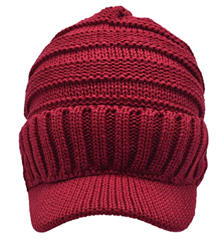 C.C Trendy Warm Oversized Chunky Soft Oversized Ribbed Slouchy Knit Hat with Visor Brim - color: Burgundy