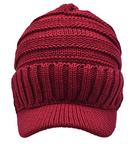 C.C Trendy Warm Oversized Chunky Soft Oversized Ribbed Slouchy Knit Hat with Visor Brim - color: Burgundy